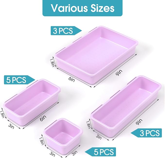 16 PCS Drawer Organizer Set, 4 Size Makeup Drawer Divider Organizer With Non-Slip Pads, Interlocking Plastic Storage Bins for Office,Jewelry Vanity,Gadgets, Bathroom,Kitchen, Purple