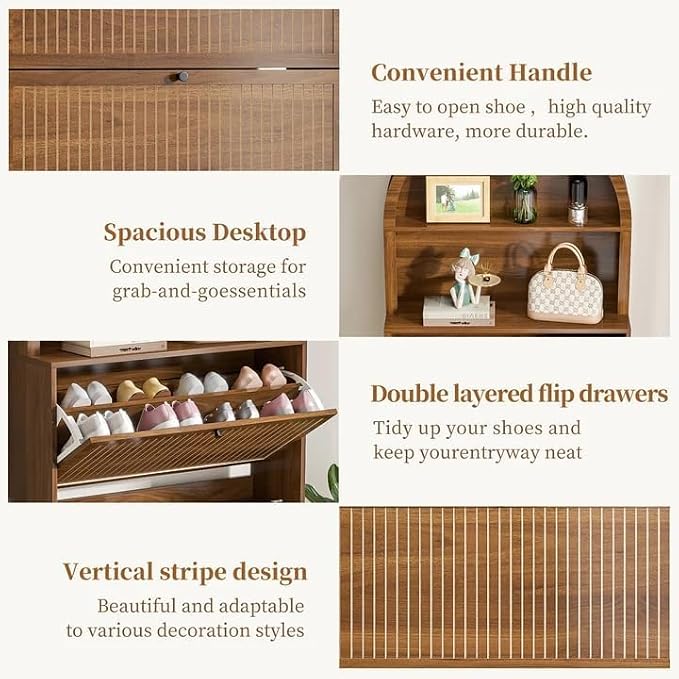 78.7'' Tall Shoe Storage Cabinet for Entryway with 3 Flip Drawers | Arched Design,Hidden Slim Shoe Organizer,Open Storage Shelf, Freestanding Shoe Rack,Large Tabletop Space,Hallway,Walnut