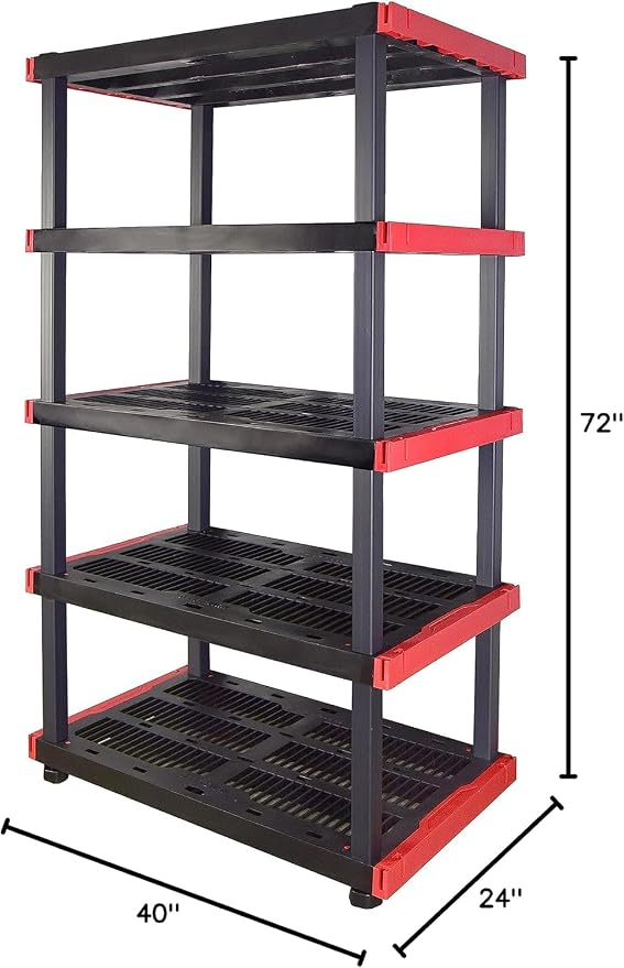 CX Craftsman 5-Tier Heavy Duty Plastic Storage Shelves, Garage Organization | 5-tier storage rack organizes garages, workshops & basements, 200 lb/shelf, 72.3H x 40W x 24D, easy assembly, black/red