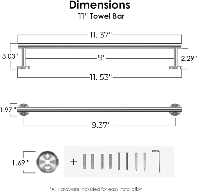 FORIOUS Towel Bar 9" Towel Racks for Bathroom Wall Mounted Brushed Nickel | Total Length 11 Inch, Rustproof, Stainless Steel Towel Holder, Wall Mounted for Bathroom Bedroom, Heavy Duty, Space Saving