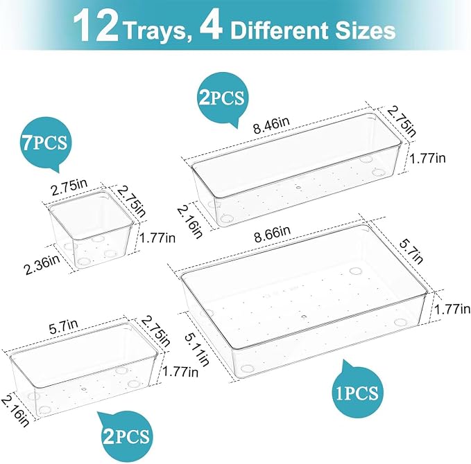 Manalete Drawer Organizers Set of 12, 4 Sizes Clear Plastic Drawer Organizers and Storage Bins for Kitchen, Bathroom, Office, Dresser Desk Drawer Organizer Tray for Jewelry, Makeup, Junk, Gadgets