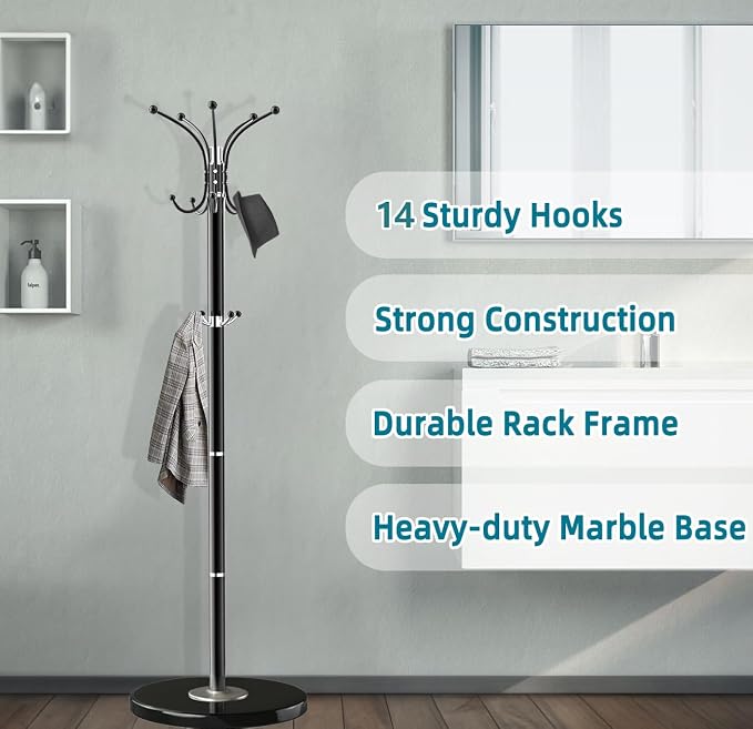 OIRUMIE Coat Rack,360°Rotary Coat Rack Stand,Coat Hanger Stand for Entryway | Metal Coat Rack Freestanding with Natural Marble Base & 14 Hooks,Black Modern Coat Stand, Clothes Hall Stand for Hallway