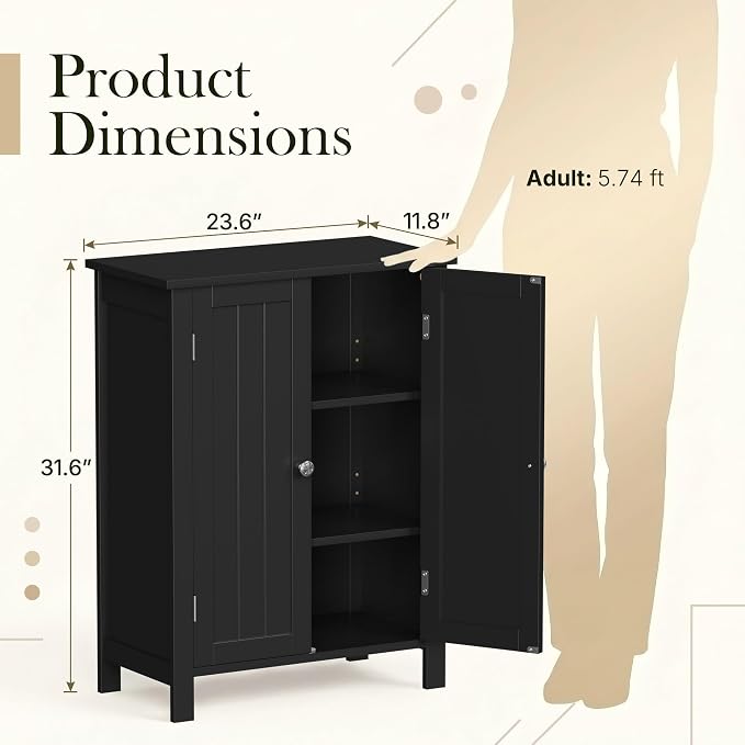 SUPER DEAL Modern Bathroom Floor Storage Cabinet with Adjustable Shelf and Double Door Rust Proof, Living Room Modern Home Furniture Storage Organizer Cabinet, Black