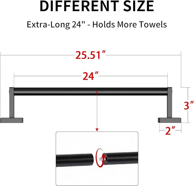 MKO Towel Bar for Bathroom, 24" 2 Pack Wall Mounted Towel Rack, Black | Hand Towel Holder Rod with Heavy-Duty Stainless Steel for Bathroom Kitchen Hanger, 2 Pack Value