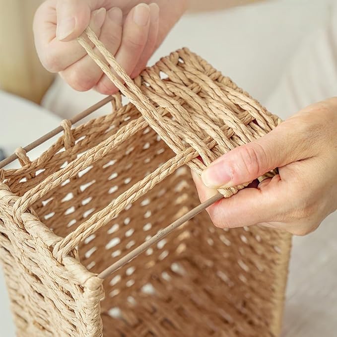 GIB Small Wicker Storage Baskets for Organizing, Decorative Woven Baskets with Handles & Liners, Boho Paper Rope Rectangular Serving Baskets Trays for Shelves, Table, Gifts, Set of 2