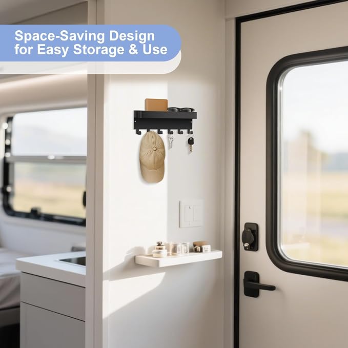 RELBRO Magnetic Key Holder for Fridge, Key Rack with Shelf, Black | Metal, Built-in Magnet, Top Tray, 2 Installation Options, Matte Finish, Compact, Key Rack for Refrigerator Camper RV Entryway
