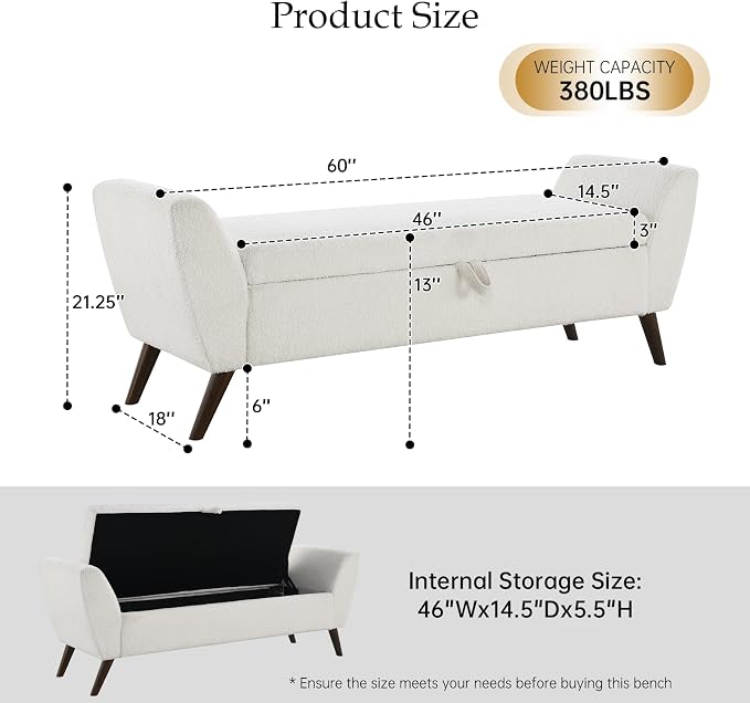 60" Storage Ottoman Bench, End of Bed Bench King Size Beige | Solid Wood Legs, Large Hidden Storage, High-Resilience Foam, Teddy Fabric