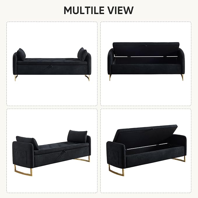 65" Storage Ottoman Bench, Chenille Storage Bench for Bedroom, End of Bed Storage Bench with Tufted Upholstered and Gold Legs, Bedroom Benches with Arms Window and Entryway, Black