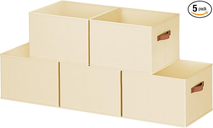 5 Pack Large Closet Storage Baskets Bins for Shelves, Collapsible Fabric Closet Organizers and Storage with Polyester Handles, Decorative Baskets for Organizing Clothes, Towels, Linen Closet 14"x10"