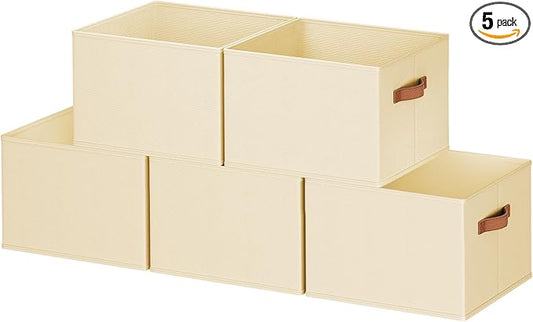 5 Pack Large Closet Storage Baskets Bins for Shelves, Collapsible Fabric Closet Organizers and Storage with Polyester Handles, Decorative Baskets for Organizing Clothes, Towels, Linen Closet 14"x10"