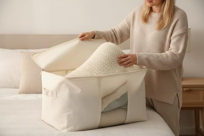 DoYiKe Soft Canvas Storage Bag with Zipper and Clear Window, Cotton Linen Organizer Storage for Pillow, Sweater, Sheets and Bedding, 55L, 4 Pack, Beige