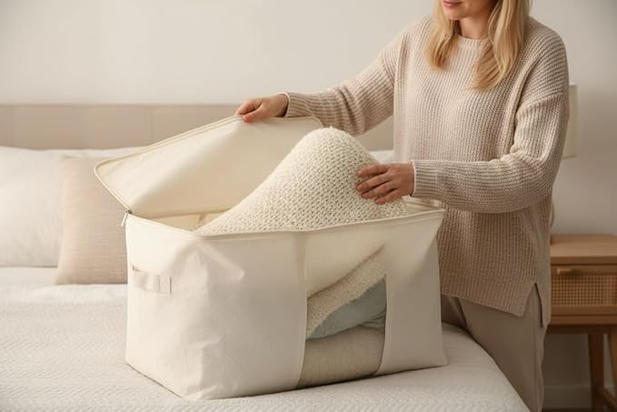 DoYiKe Soft Large Canvas Comforter Storage Bags with Four Carrying Handles and Clear Window, Closet Organizer for Clothing, Blankets Sheets Pillows and Bedding, 80L, 6 Pack, Beige