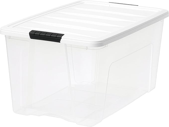 IRIS USA 72 Qt Storage Bins with Lids, 4 Pack, BPA-Free, Clear/White | Great for storing clothing, blankets, moving supplies, garage gear, and seasonal household items.