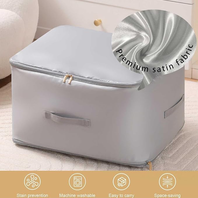 Comforter Storage Bag, Bedding & Blanket Self Compression Storage Organizer | Compression Storage Bag for Blanket Storage, 3-Layer Thick Satin Fabric Heavy Duty Bags for Pillow Duvet (Gray, XL, 2PCS)