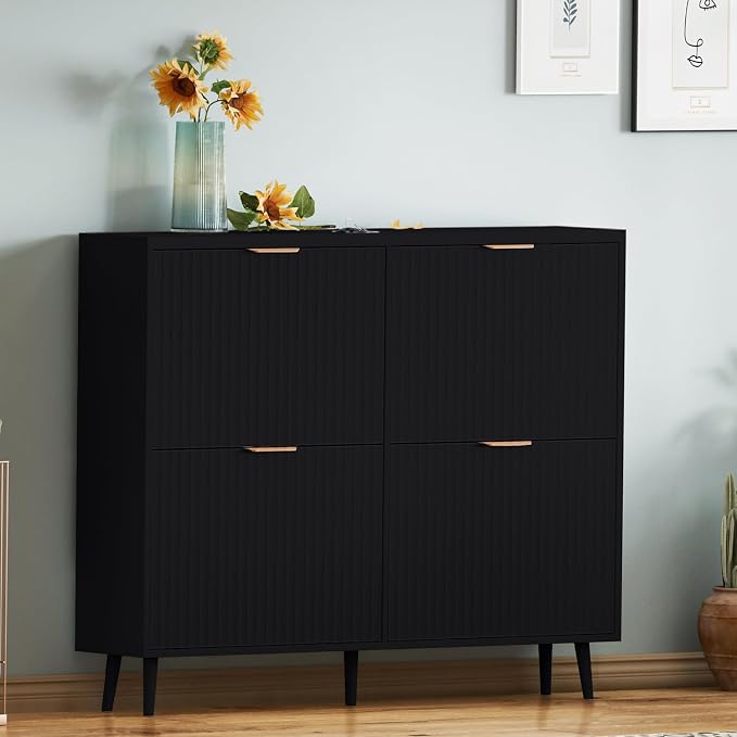 Shoe Cabinet Storage,Modern Freestanding Organizer with 4 Flip Drawers,Narrow Shoe Rack Cabinet for Entryway,Black