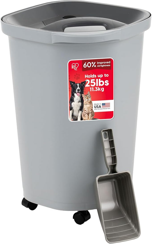 IRIS USA Pet Food Storage Container 25 lbs, Premium 60% Improved Airtight Seal with Air Valve, 2 Cup Scoop, Removable Wheels, Easy to Open - Made in the USA, Gray