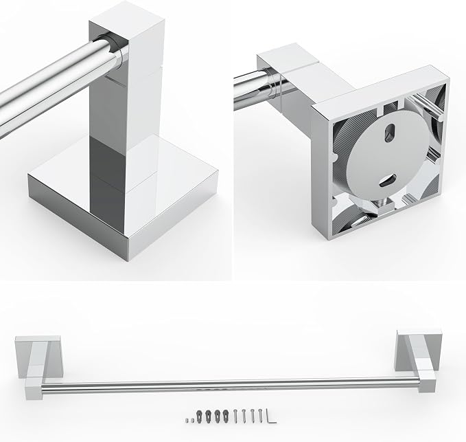 RUACQ Towel Bar 18" Towel Racks for Bathroom Wall Mounted, Chrome | One-Piece Bath Towel Holder, Total Length 20 Inch Single Towel Rod, 304 Stainless Steel Rustproof, Square Base, Heavy Duty