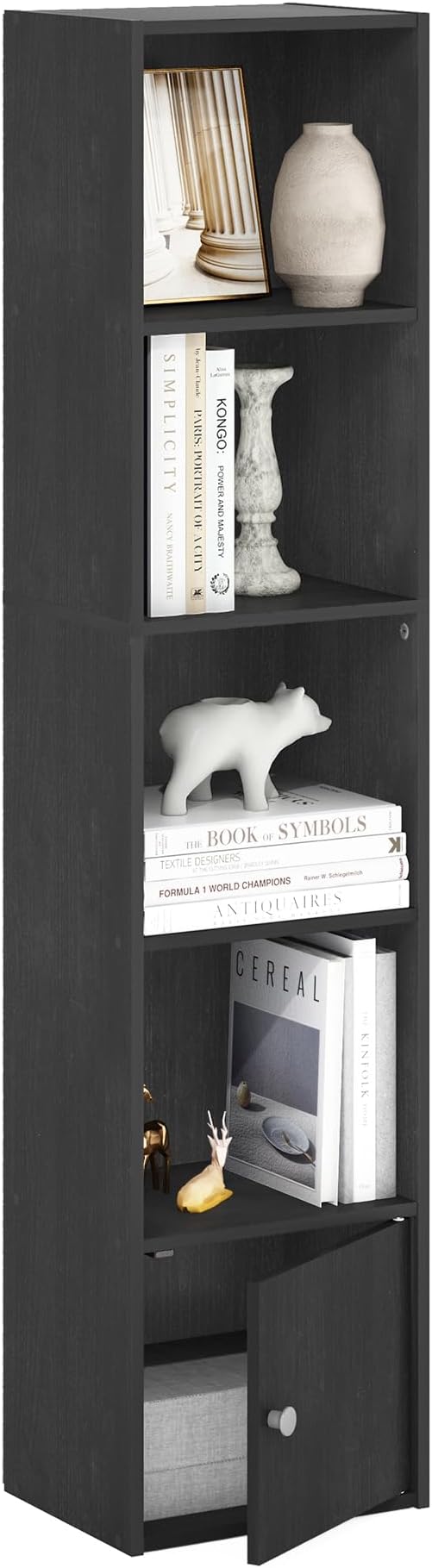 Furinno LUDER Book Shelf, 5-Tier Modern Bookshelf, Bookcase with 1 Door Storage Cabinet, 9.3 x 12 x 52, for Organization and Storage, for Living Room, Bedroom, Home Office, Blackwood