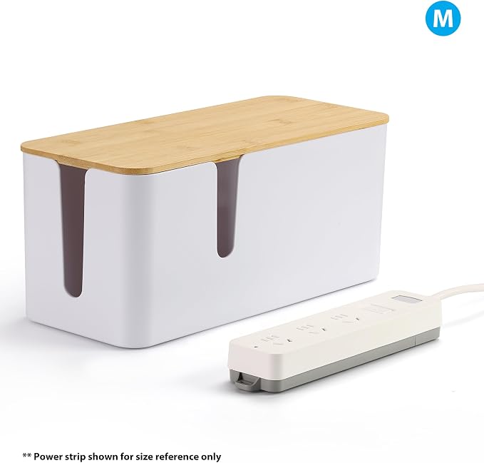 ZhiYo 2 Pack Cable Management Box, Large & XL, Power Strip Organizer, White | Extra-Tall Design for Oversized Adapters, Fits Power Strips Up to 13.4" Long, Natural Bamboo Lid, Ideal for Desks, TV Areas