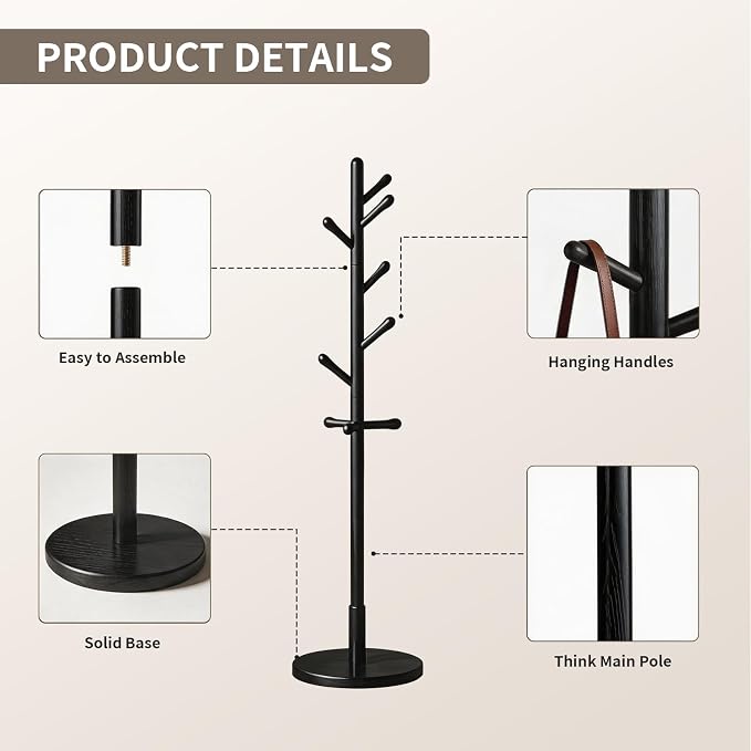Solid Wood Coat Rack Freestanding with 9 Hooks - Wooden Coat Rack Stand for Entryway, Bedroom, Living Room, Hallway for Coats, Handbags, Hat(Black)