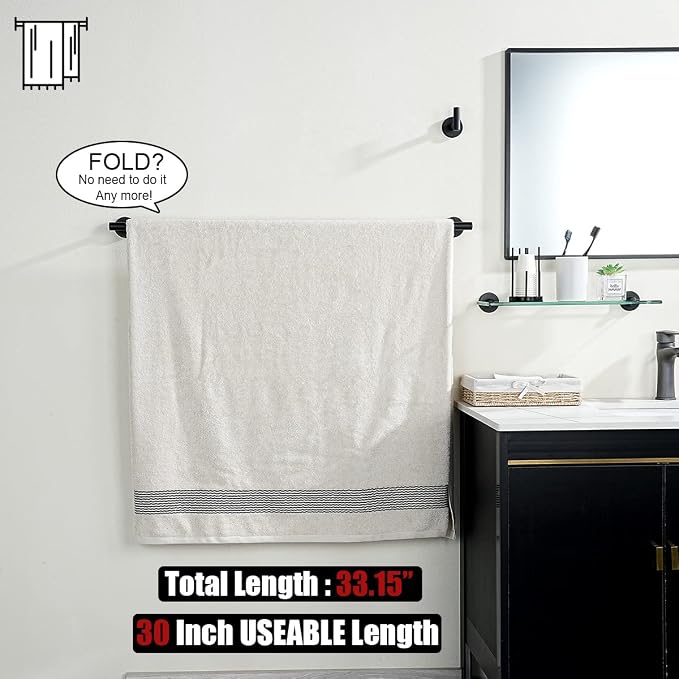 JQK Black Bath Towel Bar, 33 Inch 304 Stainless Steel Thicken 0.8mm Towel Rack Bathroom, Towel Holder Matte Black Wall Mount, Useable Length 30 Inch 2 Pack, TB110L30-PB-P2