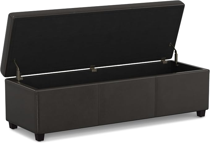 SIMPLIHOME Cosmopolitan 34" Wide Linen Look Fabric Storage Ottoman in Teal | Contemporary lift-top ottoman with high-density foam; rectangle storage bench or coffee table for living room or entryway.