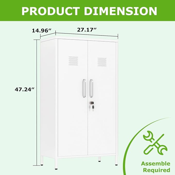 PAOFIN 47" Metal Storage Locker, Lockable Employees Metal Locker with 2 Door and Adjustable Shelves, Steel Locker for Home, School, Office, Gym (White)