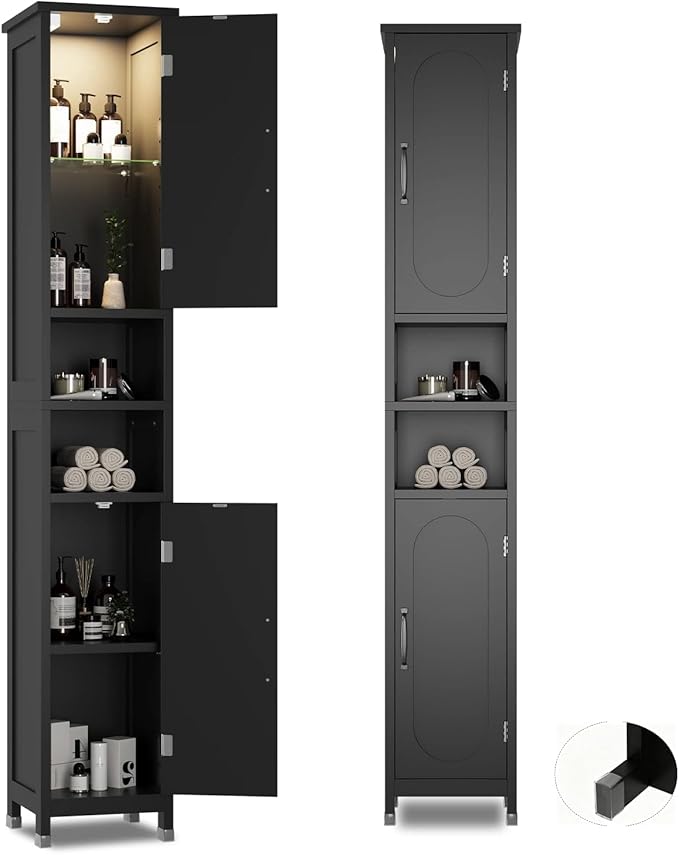 67" Tall Bathroom Storage Cabinet with Lights, Slim Narrow Bathroom Cabinet Organizer with Doors and Adjustable Shelves, Tall Cabinet for Small Space (66.9" Tall-Black with Light)