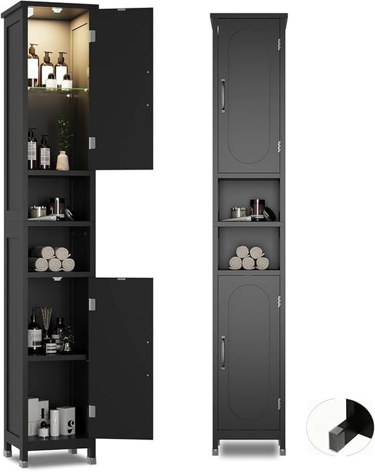 67" Tall Bathroom Storage Cabinet with Lights, Slim Narrow Bathroom Cabinet Organizer with Doors and Adjustable Shelves, Tall Cabinet for Small Space (66.9" Tall-Black with Light)