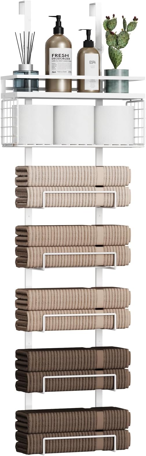Aetyord Towel Racks for Bathroom Over The Door Towel Racks Towel Storage Organizer with Metal Shelf Basket for Bathroom Rv Camper (7-Tier White)