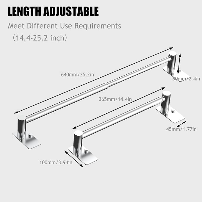 Towel Bar, 14inch to 25inch Adjustable Towel Holder Rod, Self Adhesive Wall Mounted Hand or Body Towel Rack for Bathroom Kitchen, Stainless Steel Organizer Single Bar (Chrome, 4 Pack)