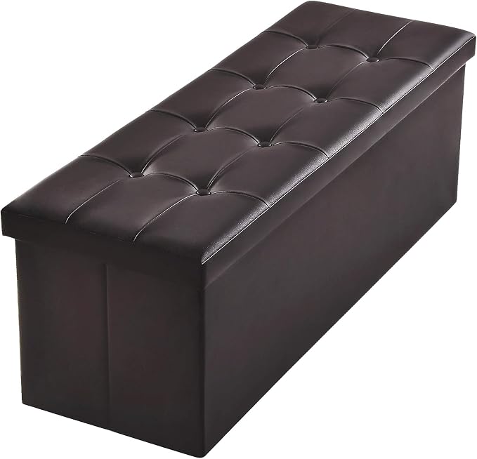 Camabel 43 inch Folding Ottoman Storage Bench Cube Hold up 700lbs Faux Leather 125L Storage Chest with Memory Foam Seat Footrest Padded Upholstered Stool for Bedroom Box Bed Coffee Table Brown