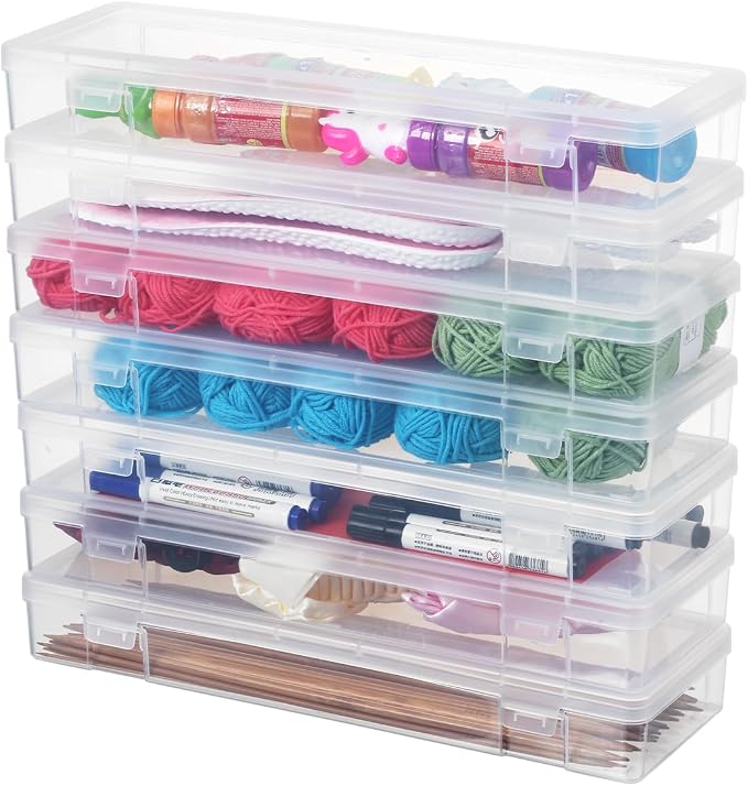 novelinks Plastic Pencil Boxes and Small Plastic Containers with Lids | 6 Pack, Large Clear, Large Capacity Pencil Case, Small Storage Containers, Cookie Cutter Storage, Knitting Needle Organizer