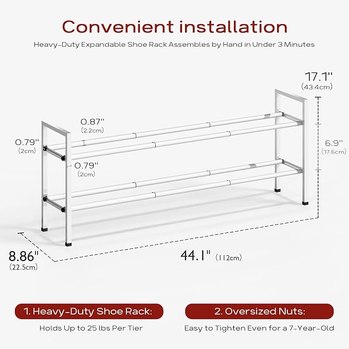 Bumusty 2 Tier Long Expandable Shoe Rack for Closet, White | 18"-44" Adjustable Shoe Rack for Entryway, Shoe Organizer for Dorm, Front Door, Sturdy Metal