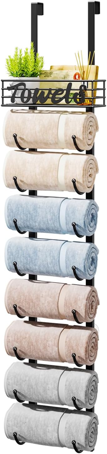 HapiRm Towel Racks for Bathroom Storage - 9 Tier Over The Door & Wall Mount Rolled Towel Storage Organizer Holder with Metal Shelf Basket for Small Bathroom, Camper, Rv - Black, Patented