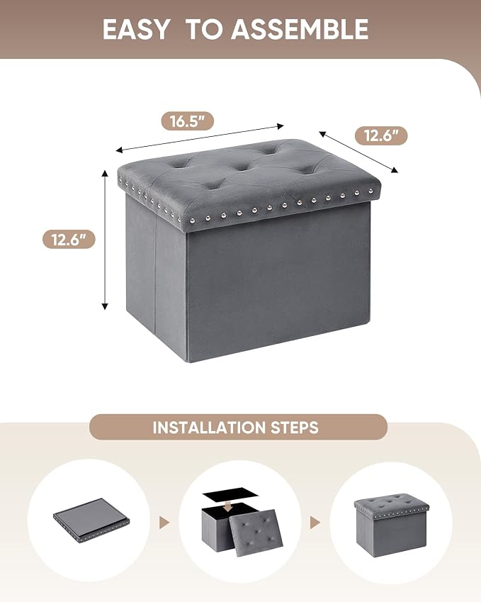B FSOBEIIALEO Storage Ottoman Cube Folding Tufted Ottomans, Storage Boxes Footrest for Bedroom, Luxury Velvet Fabric 16.5 * 12.6 * 12.6 Inches Grey