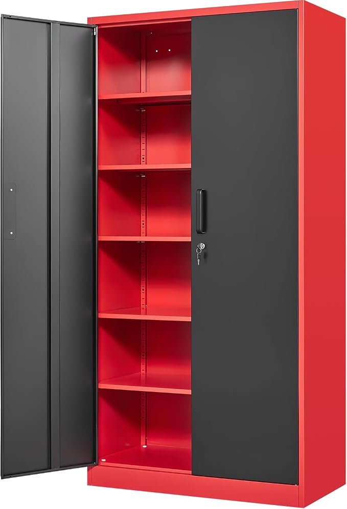 Fesbos Metal Storage Cabinet-71” Tall Steel File Cabinets with Lockable Doors and Adjustable Shelves-Black&Red Steel Storage Cabinet for Home, School, Office, Garage