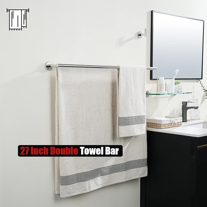 JQK Double Bath Towel Bar, 30 Inch 304 Stainless Steel Thicken 0.8mm Towel Rack for Bathroom, Towel Holder Polished Chrome Wall Mount, Useable Length 27 Inch, TB100L27-CH