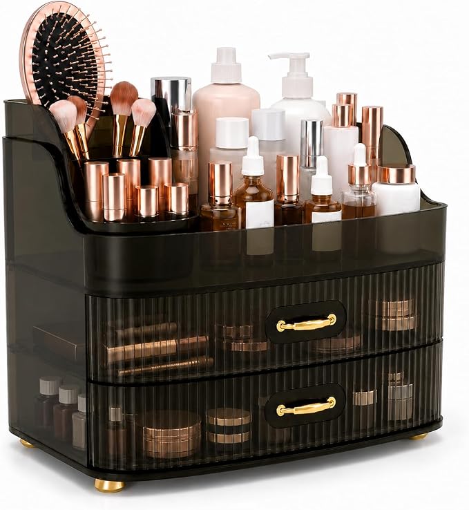 Makeup Organizer for Countertop Vanity Skincare Storage for Perfume Lipstick Bathroom Dresser Desk with Drawers And Brush Holder (Grey)