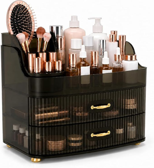 Makeup Organizer for Countertop Vanity Skincare Storage for Perfume Lipstick Bathroom Dresser Desk with Drawers And Brush Holder (Grey)