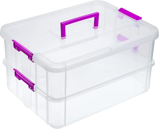JUXYES 2-Tiers Plastic Stack Carry Storage Containers Box wih Handle Lids | Clear Stackable Latching Craft Storage Bin for School Office, Organizing Stationery, Sewing, Art Craft, DIY Supplies, Purple