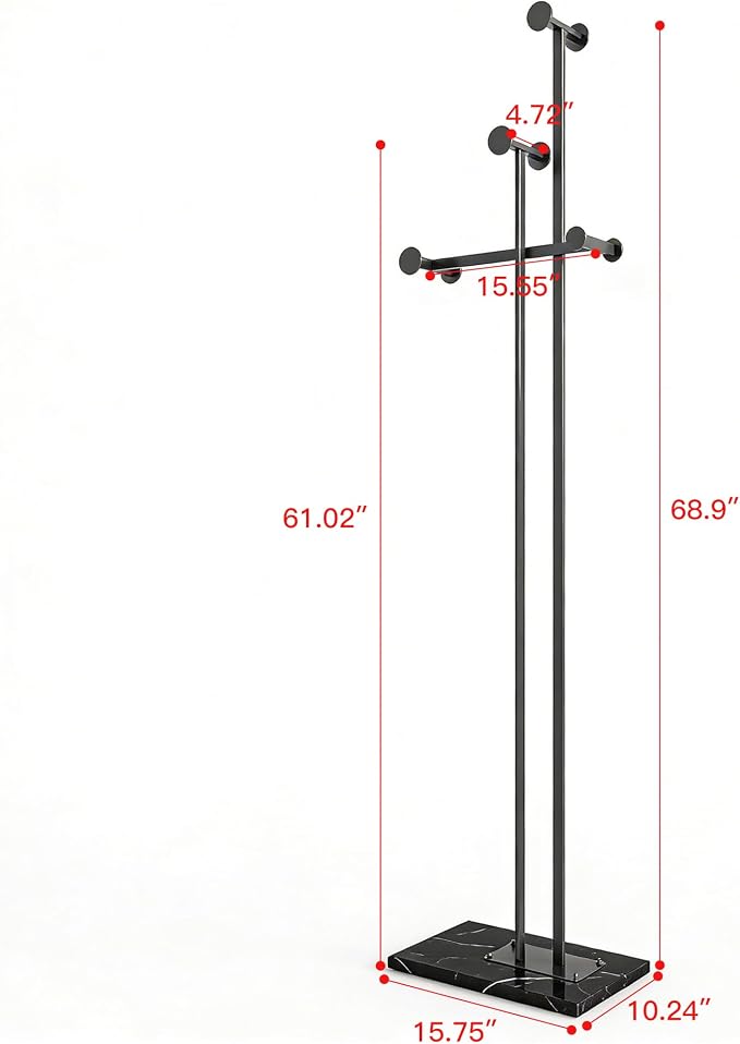 Metal Coat Rack Freestanding for Entryway (Black) | Heavy Duty, Marble Base, Metal Frame, Essential Items Organizer for Clothes Bags, for Bedroom Living Room Hotel