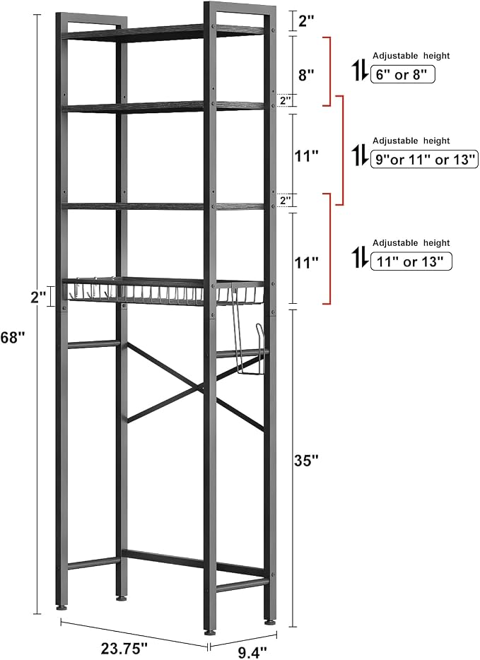Kalrin Over-The-Toilet Storage Rack, 4-Tier Bathroom Organizer Shelf Over Toilet with Adjustable Shelf and Basket, Freestanding Space Saver Bathroom Shelves Above Toilet for Room (Pure Black)