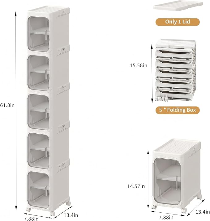 5-Tier Tall Slim Narrow Bathroom Storage Cabinet, White | Tool Free Assembly, Adjustable Shelves, Fits for Narrow Spaces, Reinforced Stability, Magnetic Clear Door