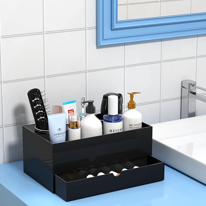 NIUBEE Acrylic Hair Tool Organizer with Drawer, Hair Dryer Holder Organizer | Black, Hot Tools Organizer Countertop with 3 Cups, Hair Blow Dryer Storage for Curling Iron, Brush, Straightener, Bathroom