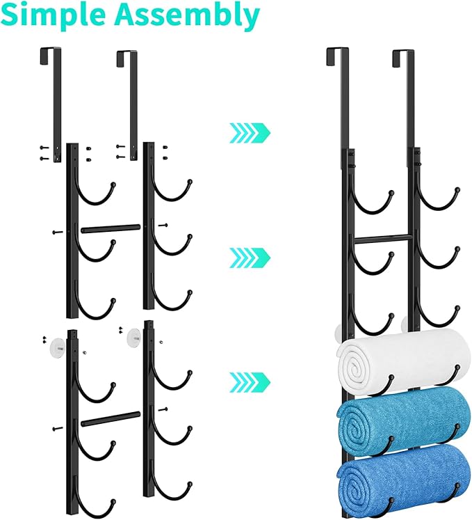 HapiRm Rolled Towel Racks for Bathroom - 6-Tier Over The Door & Wall Mounted Bathroom Towel Storage, Hanging Metal Organizer for Towels & Bath Sheets, Space Saving Rack for Bathroom, Camper, RV, Black
