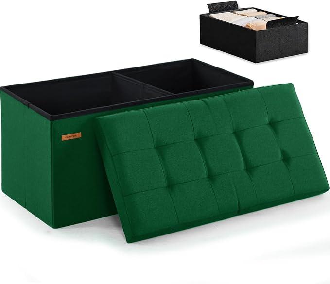 HAUSFRAU Ottoman with Storage Bench Folding Foot Rest Stool Linen Green | 31.5", Flip Lid, Small Upholstered Foldable Footrest Footstool, Bedroom Bench, Living Room Dorm Ottoman, Rectangle