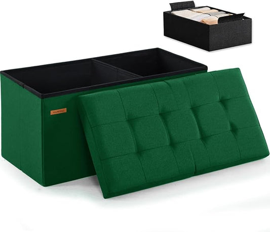 HAUSFRAU Ottoman with Storage Bench Folding Foot Rest Stool Linen Green | 31.5", Flip Lid, Small Upholstered Foldable Footrest Footstool, Bedroom Bench, Living Room Dorm Ottoman, Rectangle