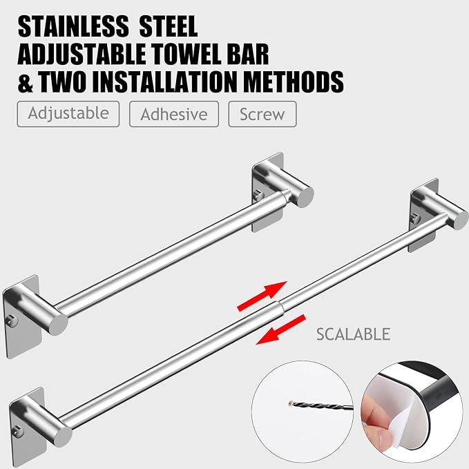 Towel Bar, 14inch to 25inch Adjustable Towel Holder Rod, Self Adhesive Wall Mounted Hand or Body Towel Rack for Bathroom Kitchen, Stainless Steel Organizer Single Bar (Chrome, 3 Pack)