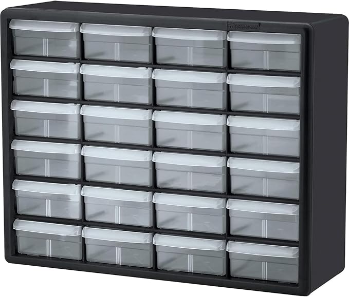 Akro-Mils 24-Drawer Plastic Storage Cabinet, 20" W x 6" D x 16" H, Black | Plastic Cabinet w/ Drawers for Garage Organization, Beads, Building Bricks Storage, Teacher Toolbox, Makeup Organizer, 10124